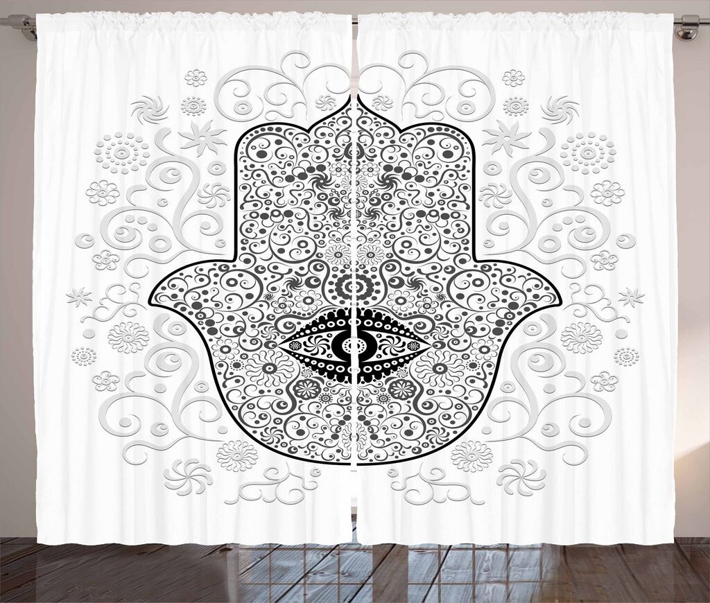 

ABAKUHAUS Занавеска Hamsa в деревенском стиле, Знак защиты Божества, Универсальные ленточные шторы для гостиной с петлями и крючками, 280 x 260 см, Белый Черный Зеленый