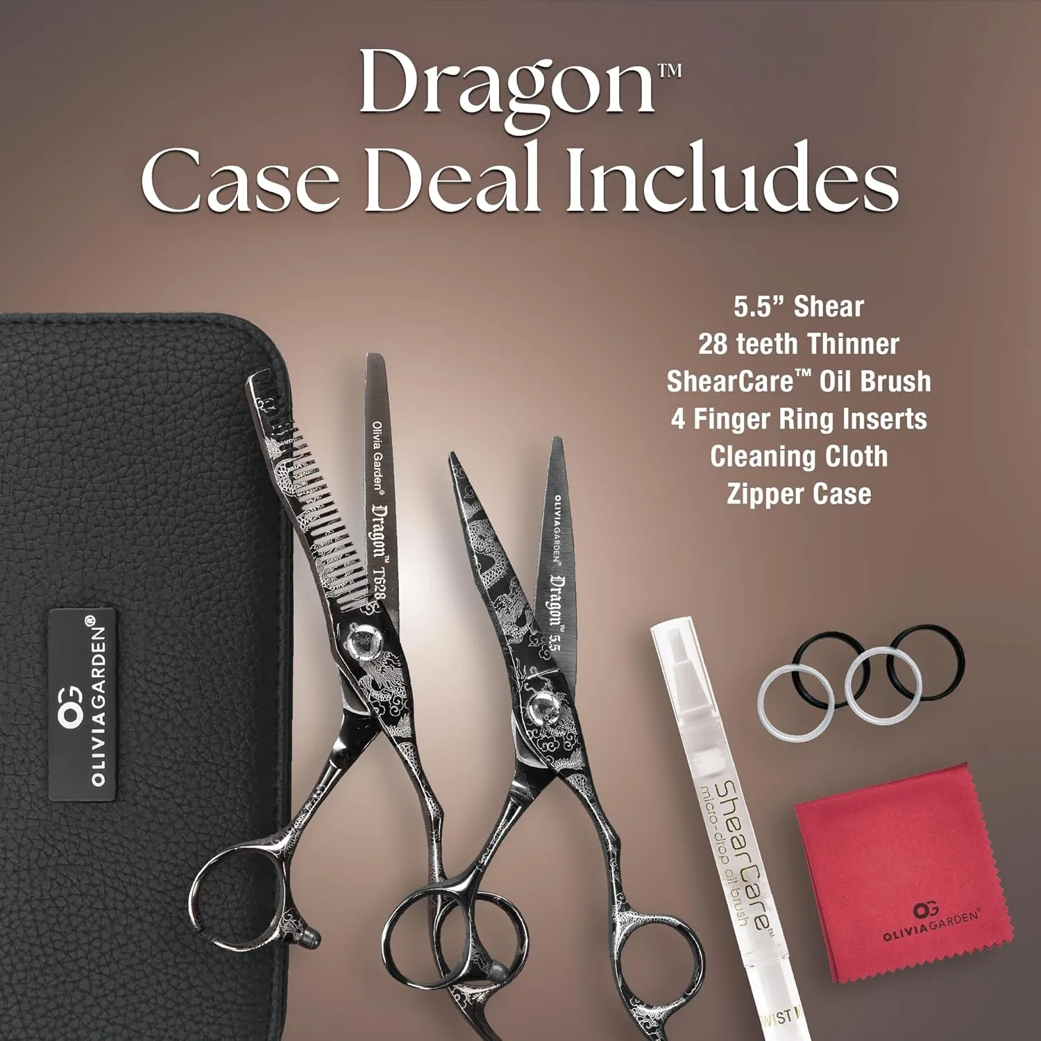 Набор для стрижки волос Olivia Garden Dragon Shears Kit - включает профессиональные ножницы для стрижки волос, филировочную машинку, футляр и аксессуары - ножницы с бритвенной остротой. 14 см (1 шт.) — фото 2