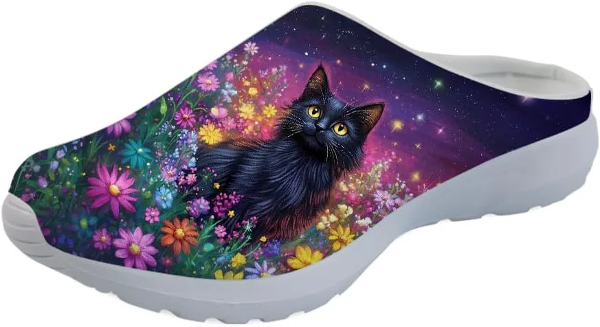 Женские сабо Forchrinse с принтом кошки, мужские кроссовки-тапочки Kitten для прогулок, с поддержкой свода стопы, садовые сабо с ортопедической стелькой, черный