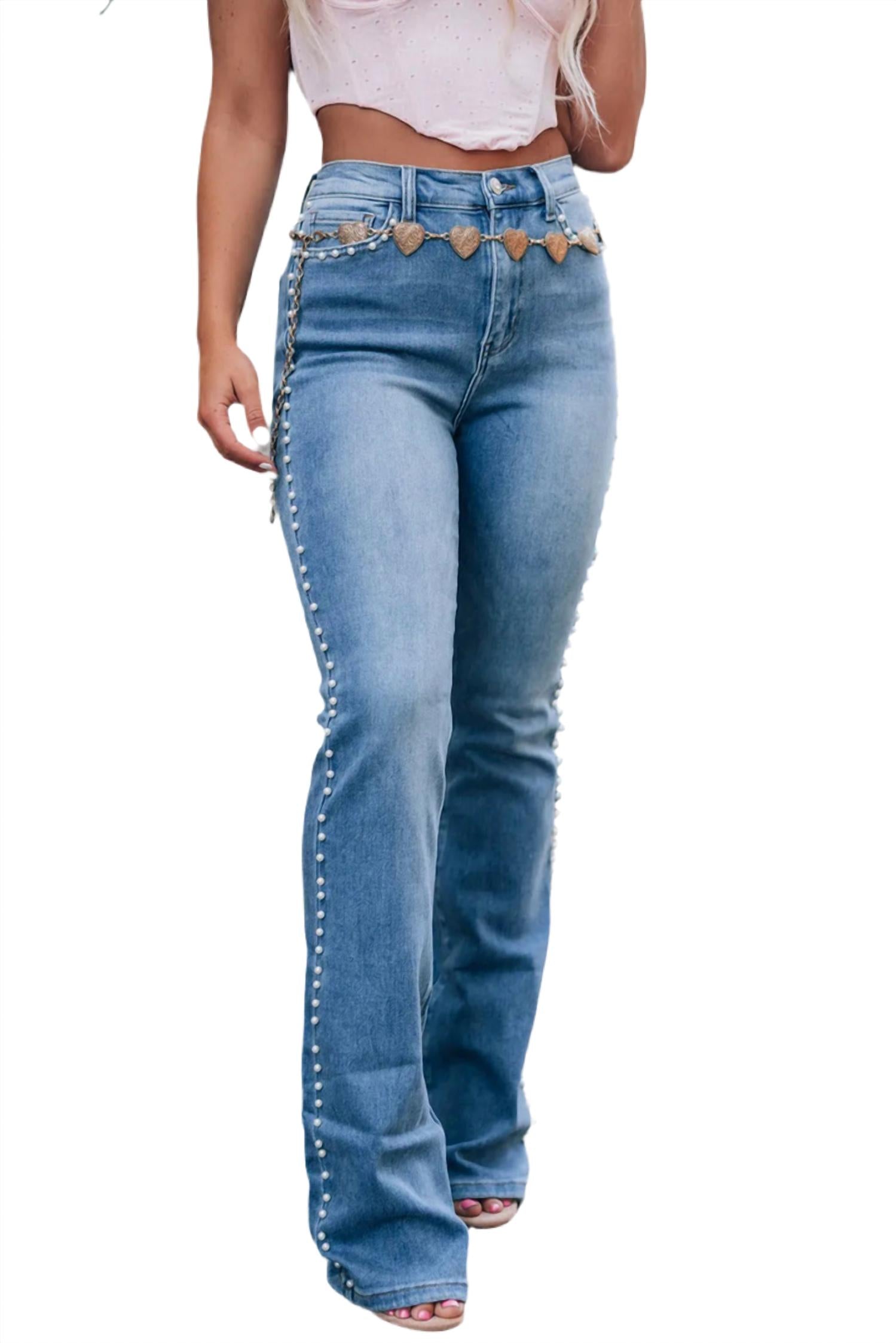 

Джинсы-клеш с высокой талией и жемчужной отделкой, средний оттенок Socali the Label, medium wash