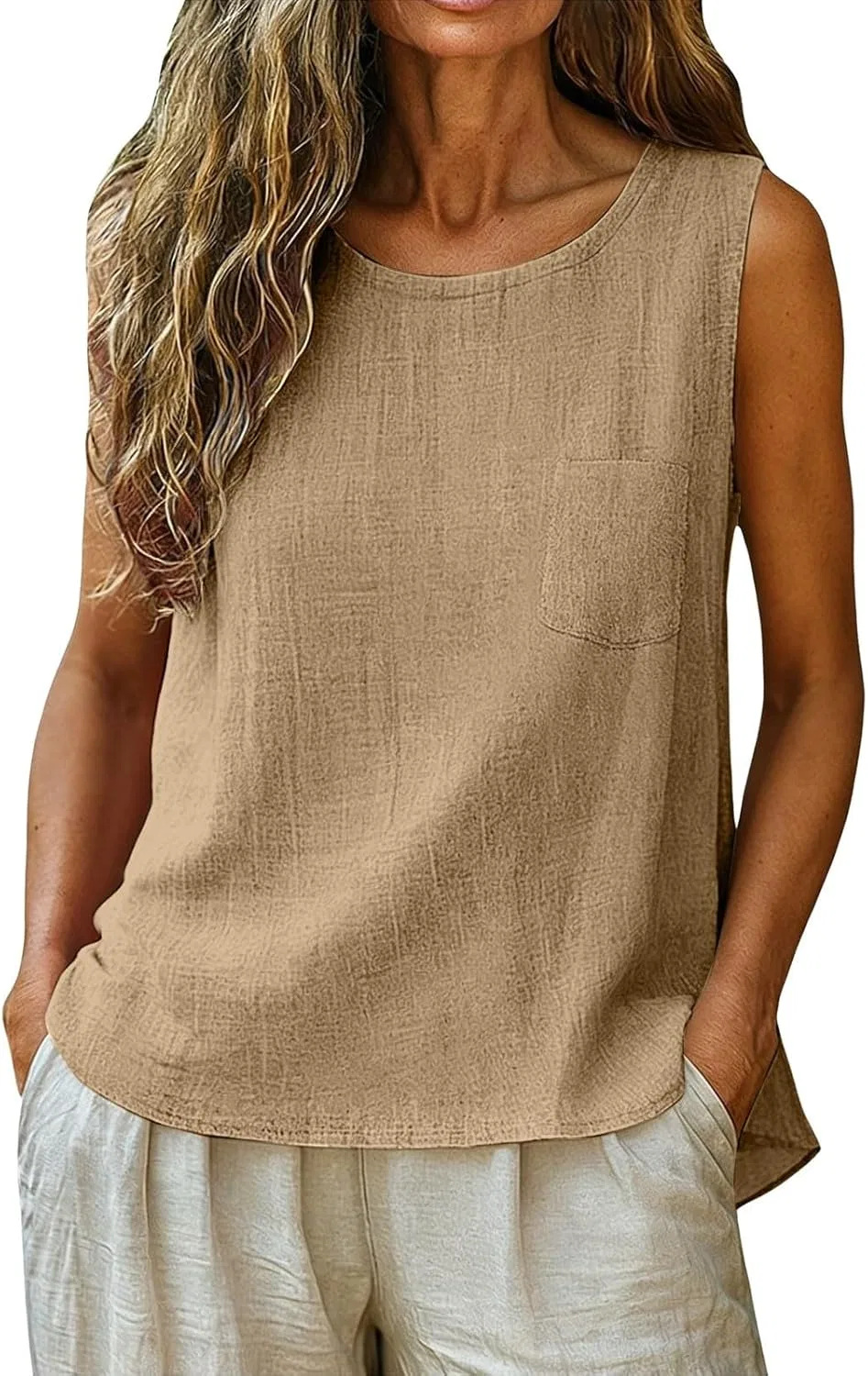 Женский топ-безрукавка из хлопка и льна, Khaki, свободный крой — фото 2