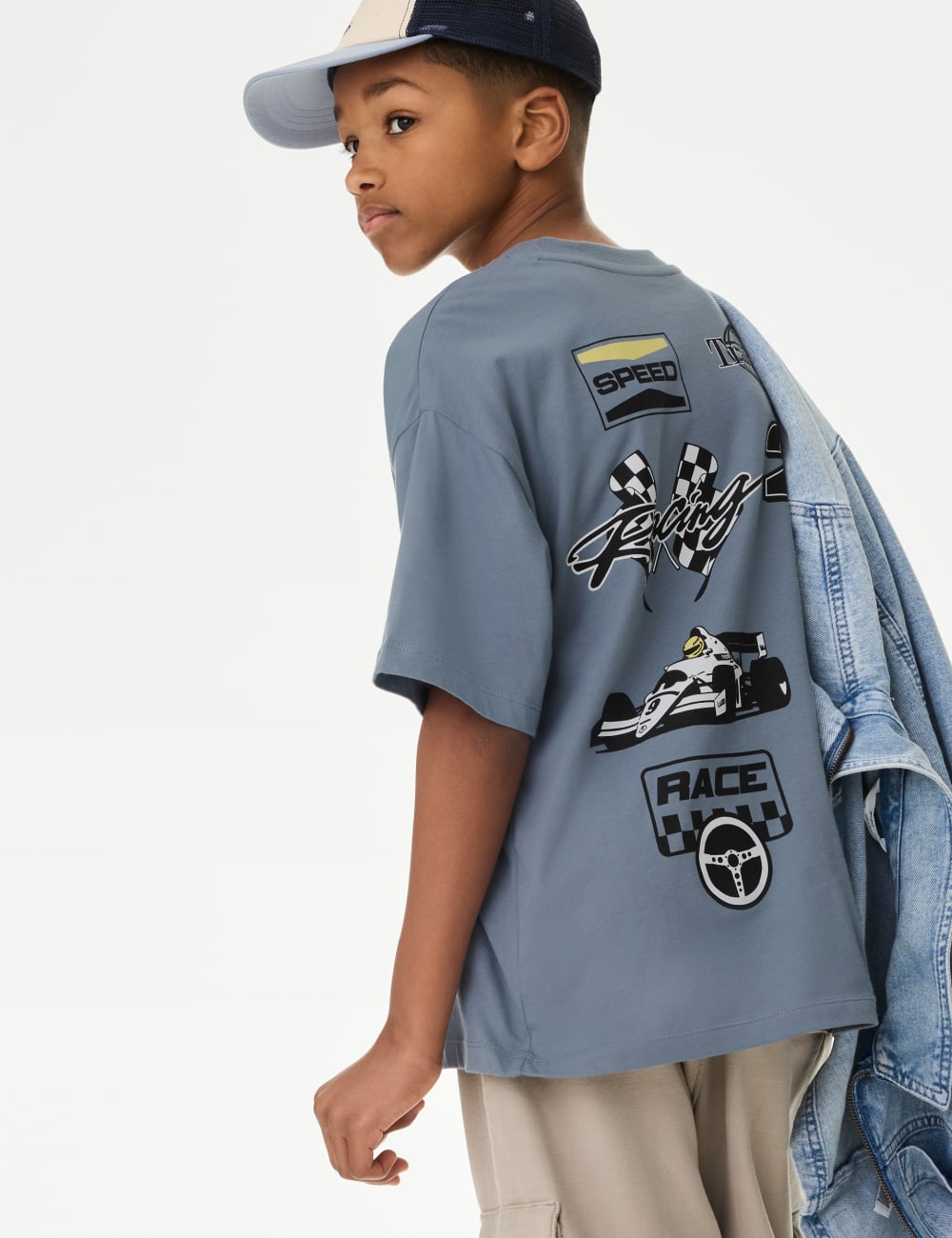 

Футболка из чистого хлопка с принтом Автоспорт Marks & Spencer, цвет Steel blue