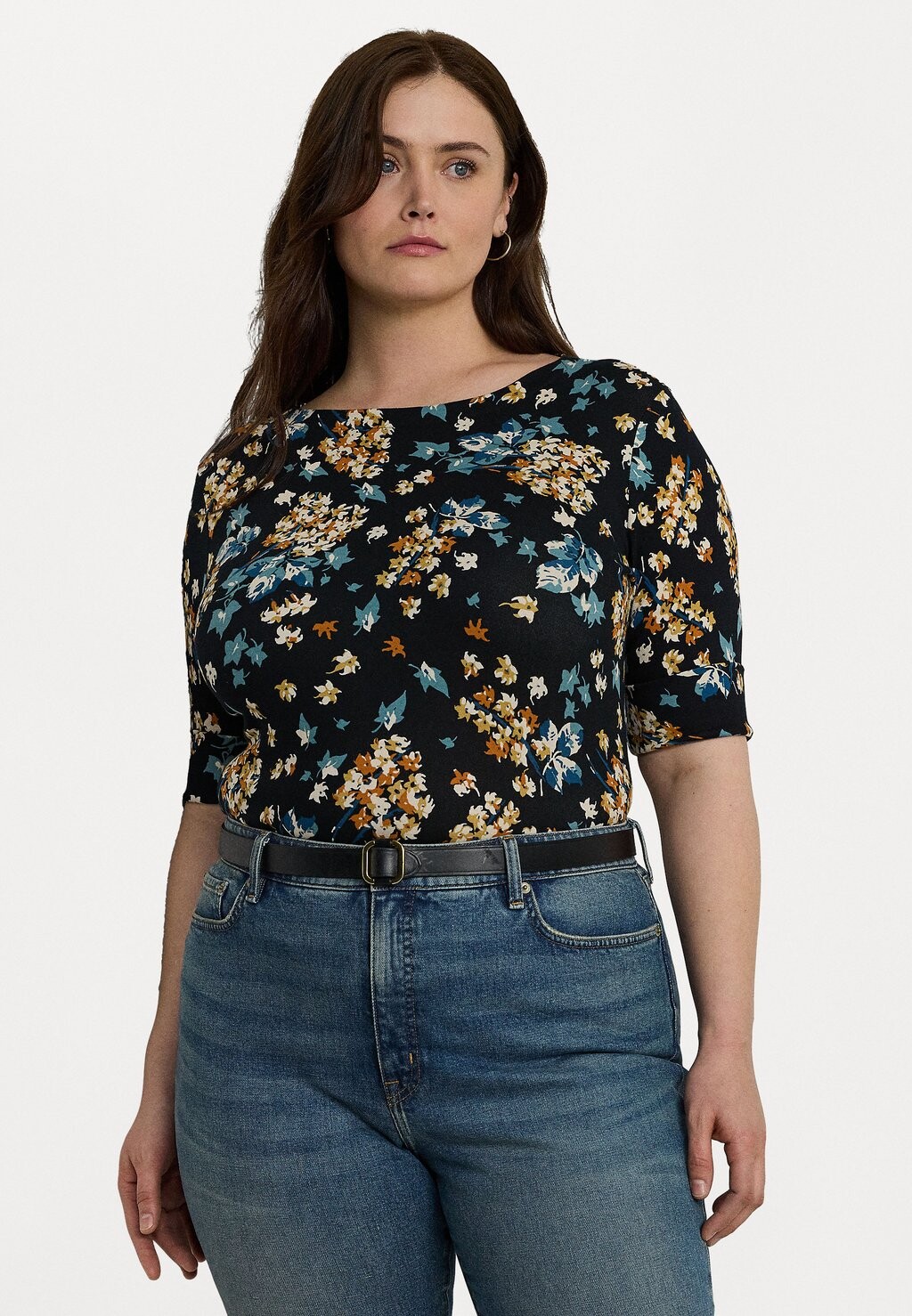 

Футболка с принтом FLORAL STRETCH COTTON BOATNECK TEE Ralph Lauren, черный