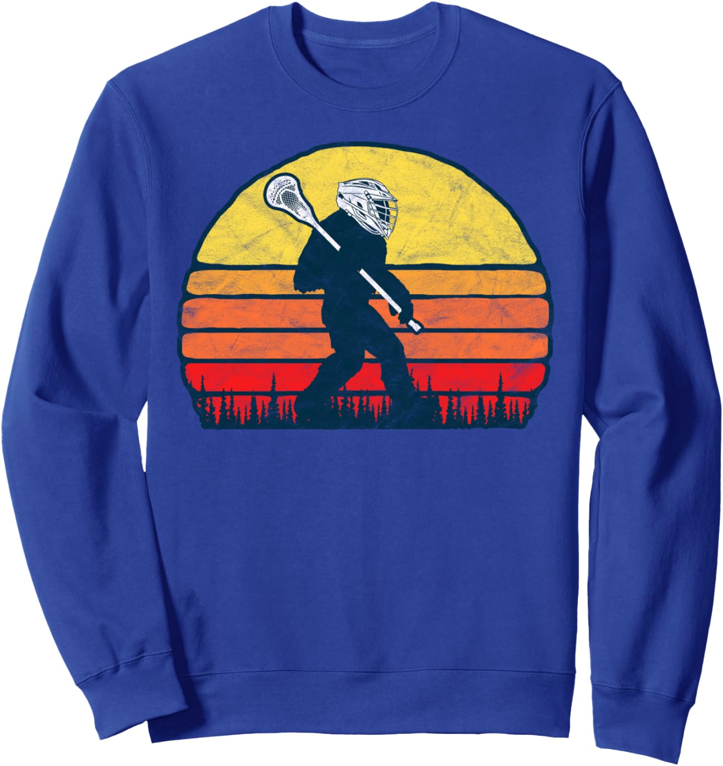 

Забавная толстовка с изображением Сасквоча, Бигфута и лакросса в стиле ретро 80-х годов с закатом Vintage Lacrosse Threads Co., синий