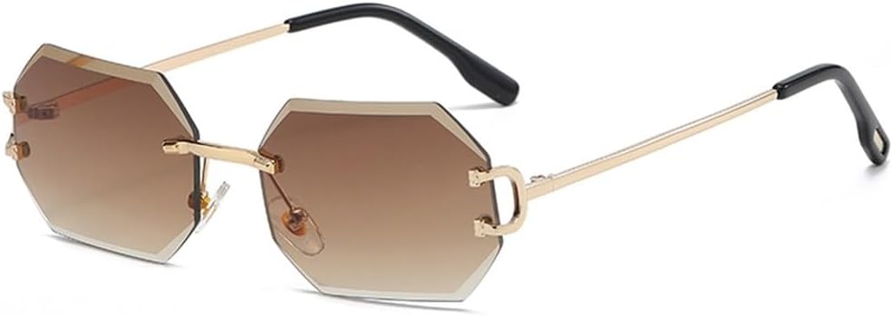 

модные женские солнцезащитные очки без оправы, восьмиугольные, с защитой от УФ-излучения UV400, без оправы, золотистые металлические прямоугольные очки WNCKSQ, Gold With Brown