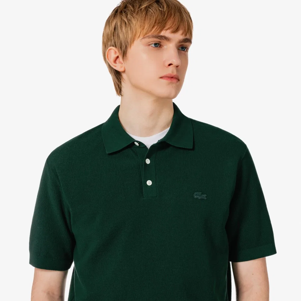 Мужской свитер-поло пике с коротким рукавом тёмно-зелёный от Lacoste — фото 2