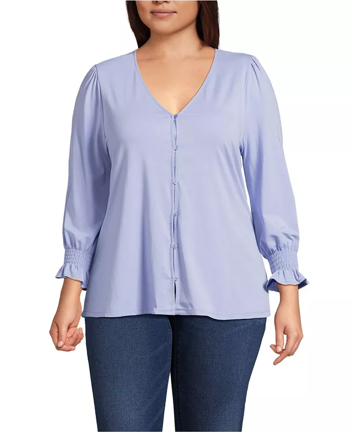 

Женская блуза с коротким рукавом из легкого джерси на пуговицах, размер plus size Lands' End, синий