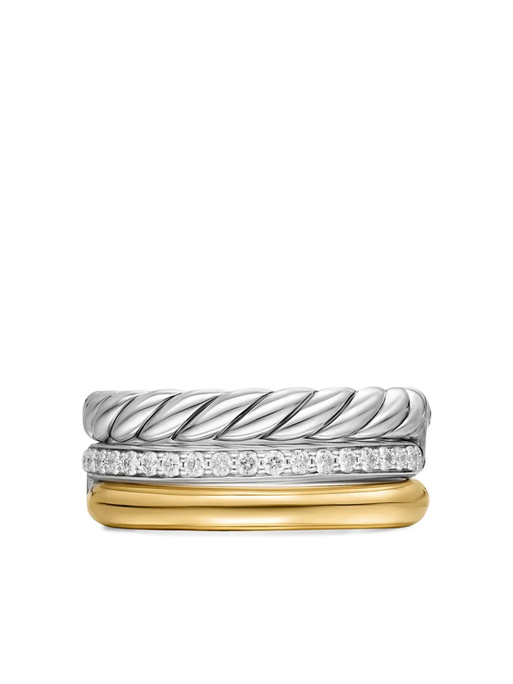 

Кольцо DY Mercer Three Row из желтого золота и серебра с бриллиантами David Yurman, серебяный