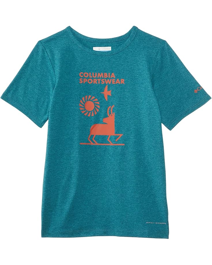 

Рубашка Columbia Kids Tech Trail Short Sleeve Graphic Shirt, цвет River Blue Heather/Explore Outdoors