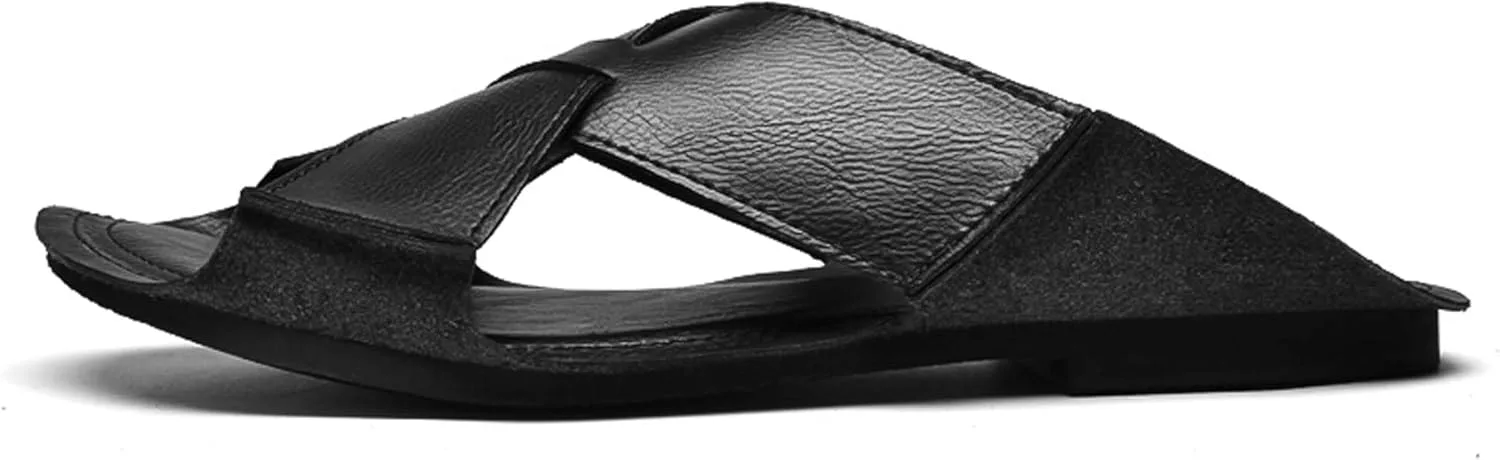 Men's leather fashion casual slides сандалии, comfortable lightweight non-slip soft bottom slide сандалии summer outdoor leisure beach сандалии，Premium leather slides Vtiao, черный — фото 3