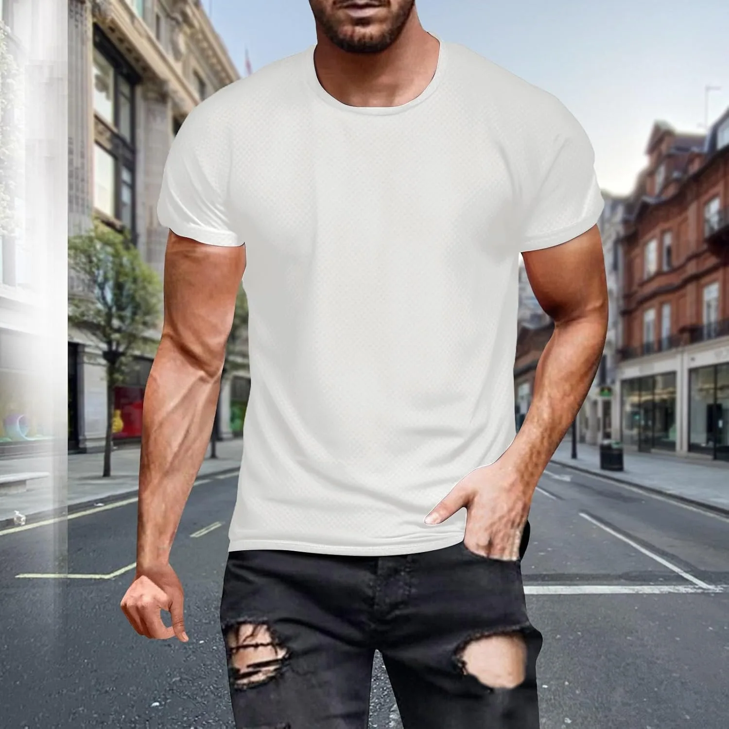 Мужская майка-сетка Athletic Dry Fit с круглым вырезом, эластичная футболка с коротким рукавом, спортивная легкая майка Generic, белый — фото 2