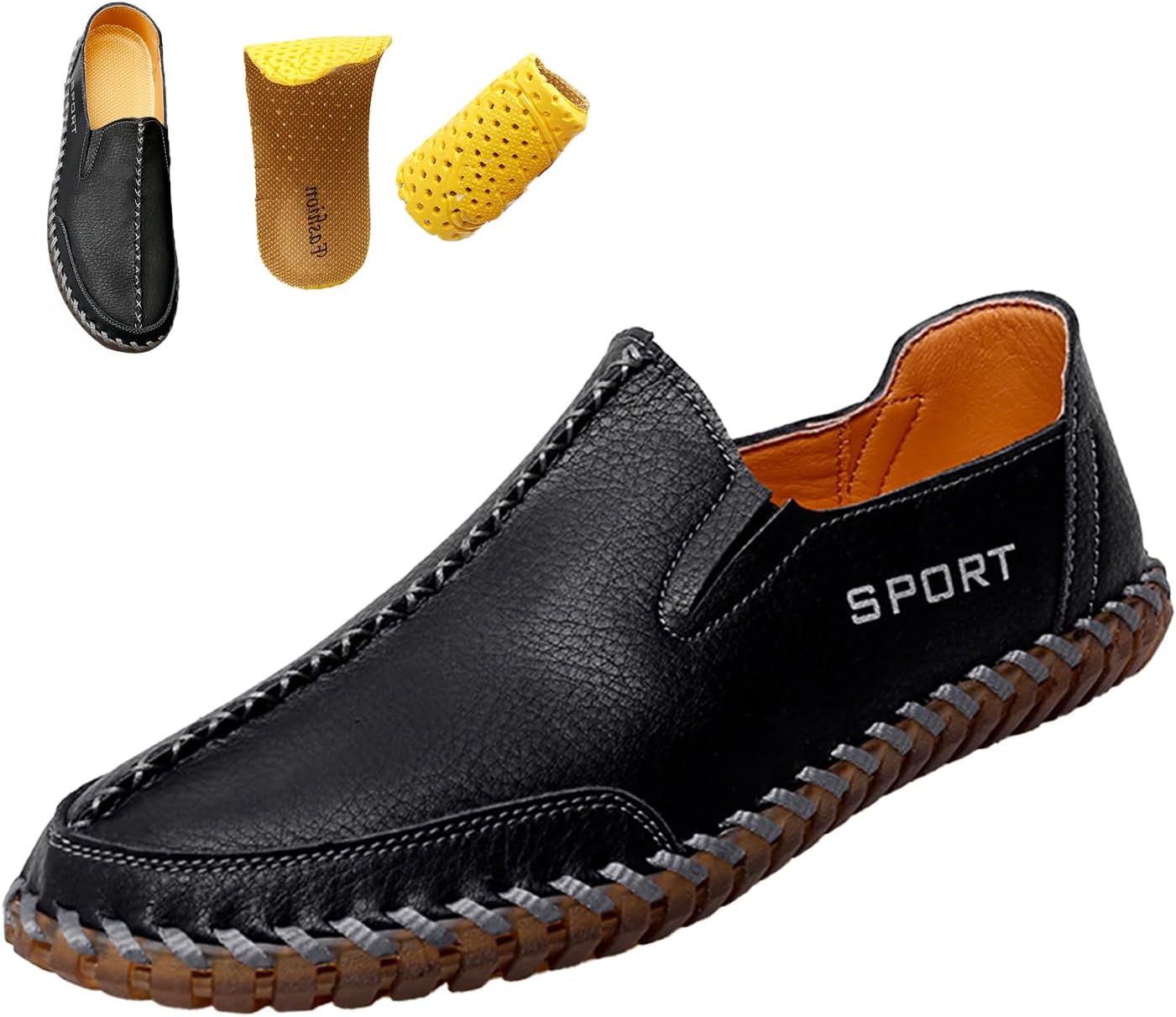 

Мужские кожаные повседневные туфли без шнурков, удобная ручная строчка, нескользящая мягкая подошва, кроссовки для вождения и ходьбы Moyowei, черный