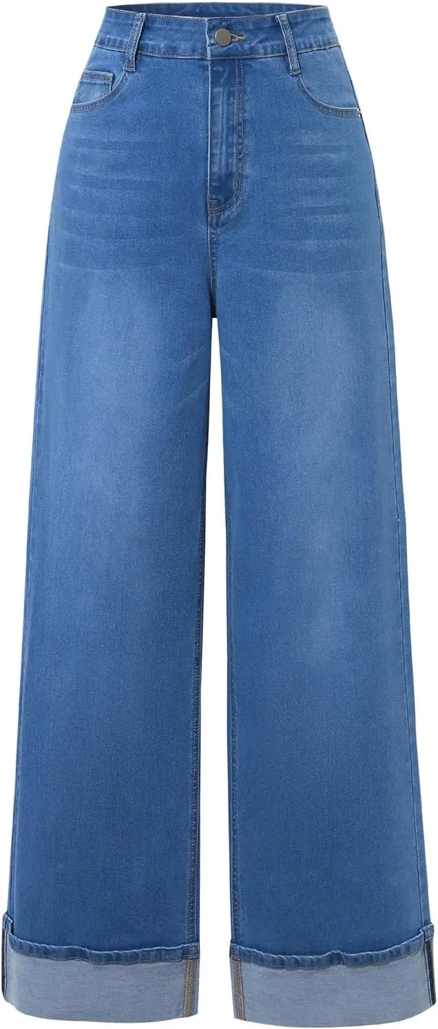 

Женские джинсы с высокой талией и широкими штанинами Stretch Denim с подвернутым подолом