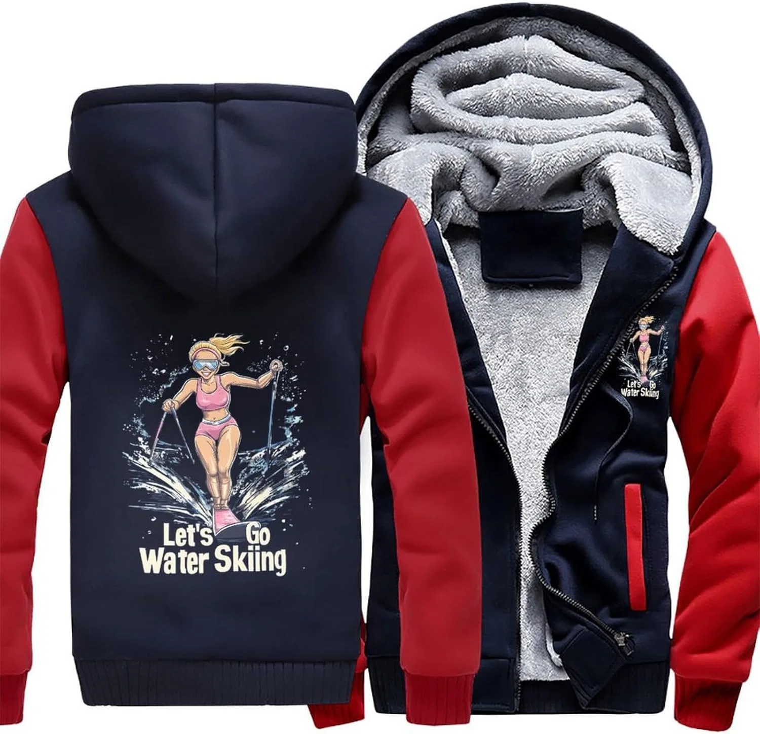 Мужская теплая толстовка с капюшоном для водных лыж Let's Go Water Skiing, толстовка из плотного флиса с карманами, зимняя куртка — фото 3