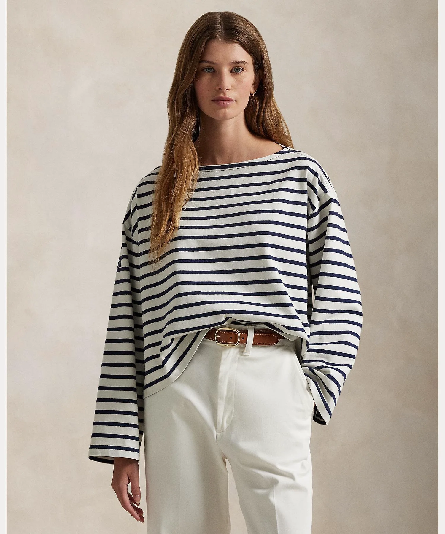 Полосатая футболка с вырезом-лодочкой в морском стиле Polo Ralph Lauren, 410 Navy