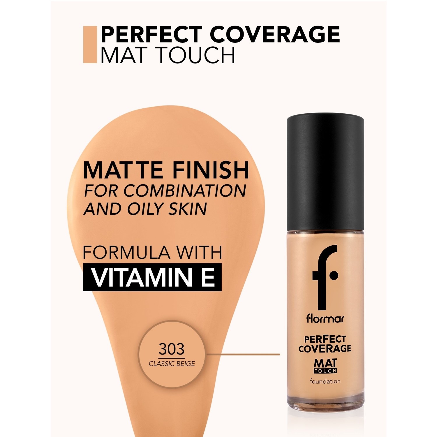 Тональный крем для лица perfect coverage mat tch fdt-303 clssc beige np Flormar, 303 - classic beige, объем 30 мл — фото 2