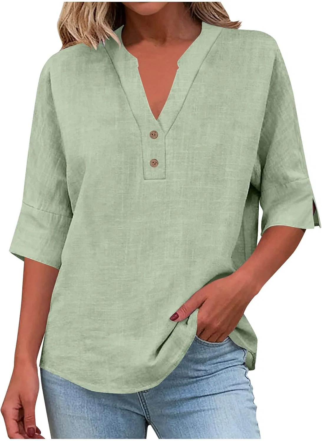 Женская блуза с V-образным вырезом, Cotton Linen, на пуговицах, Green
