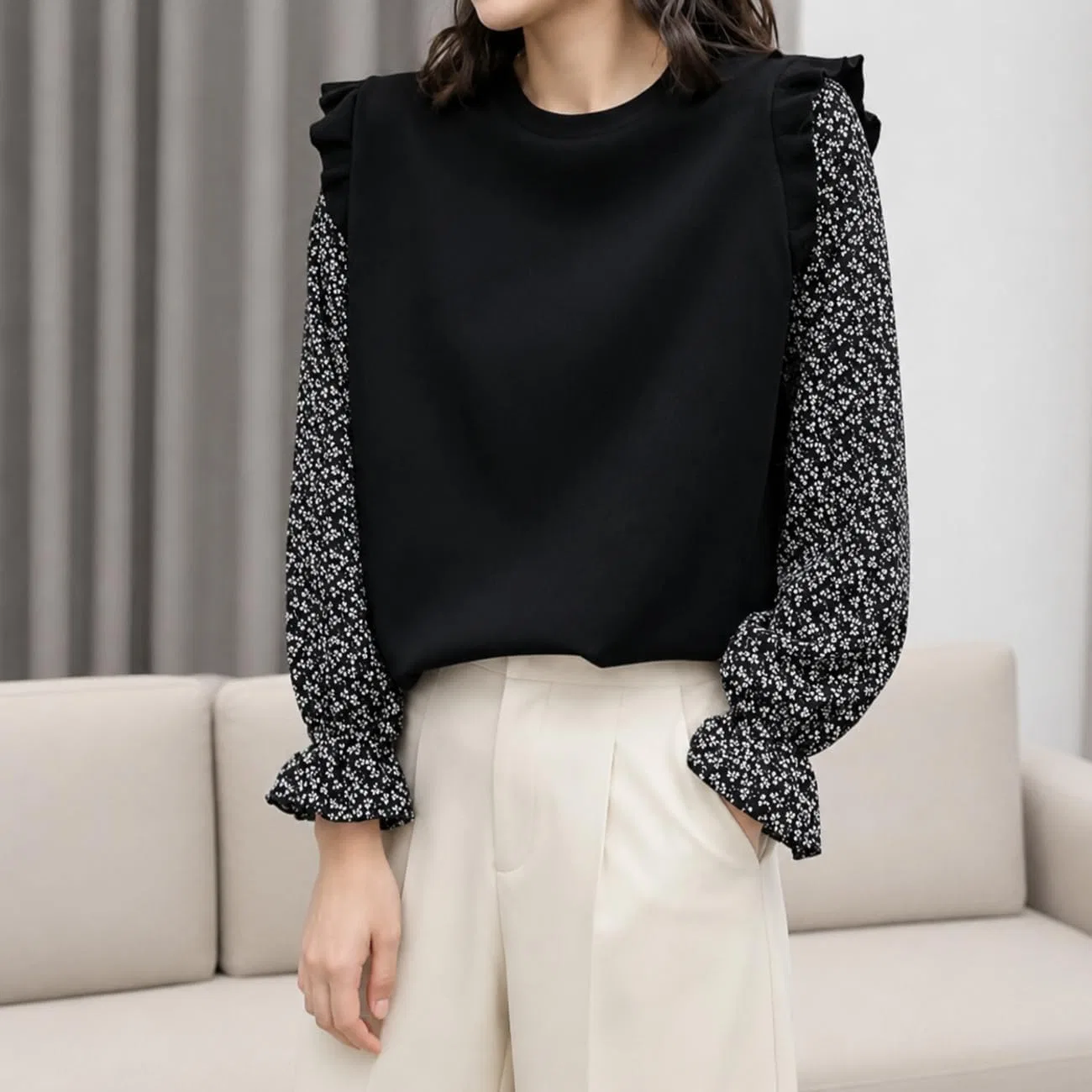 Блуза с цветочным принтом layering top, черный — фото 3