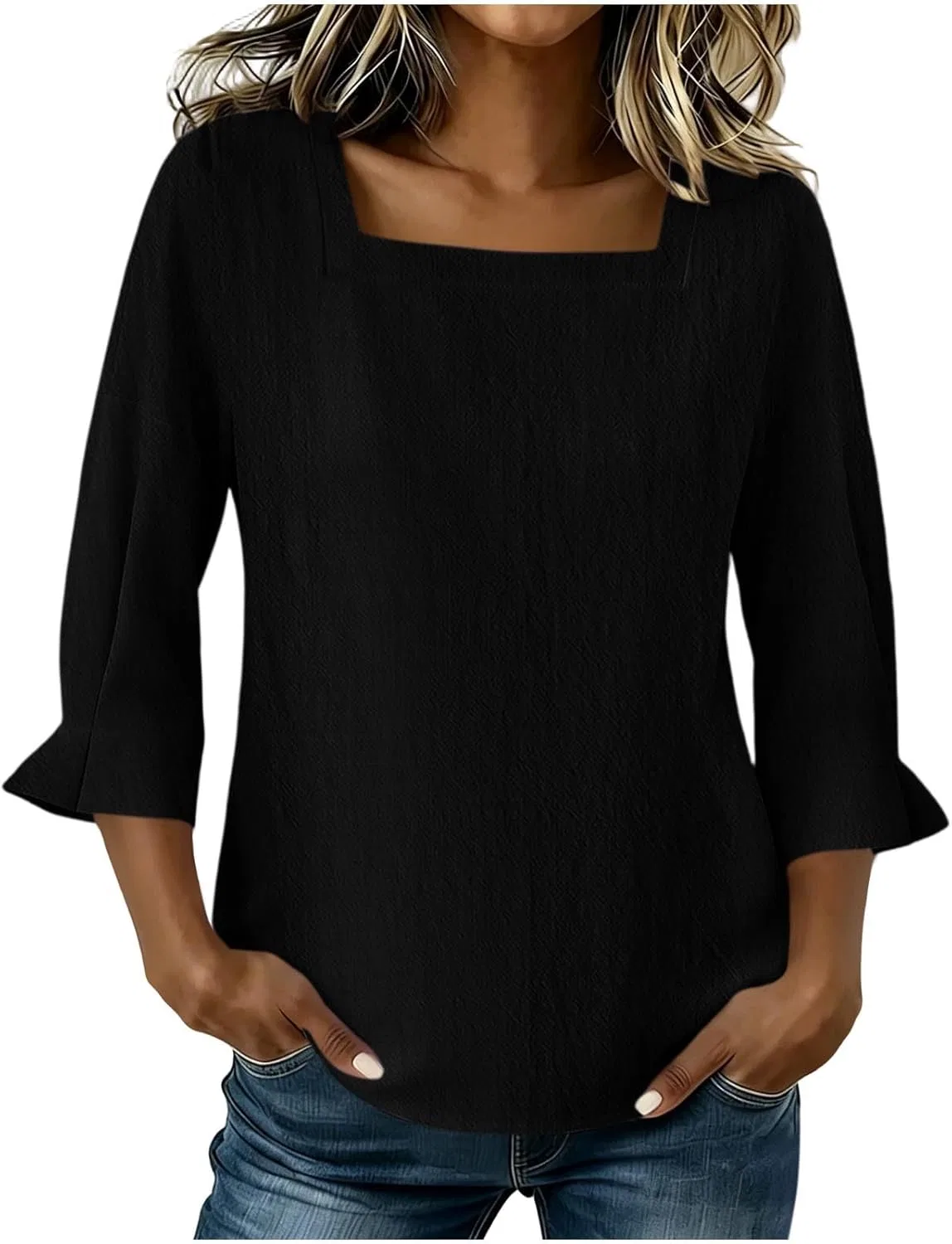 Футболка женская из хлопка и льна, свободный крой, Black-1