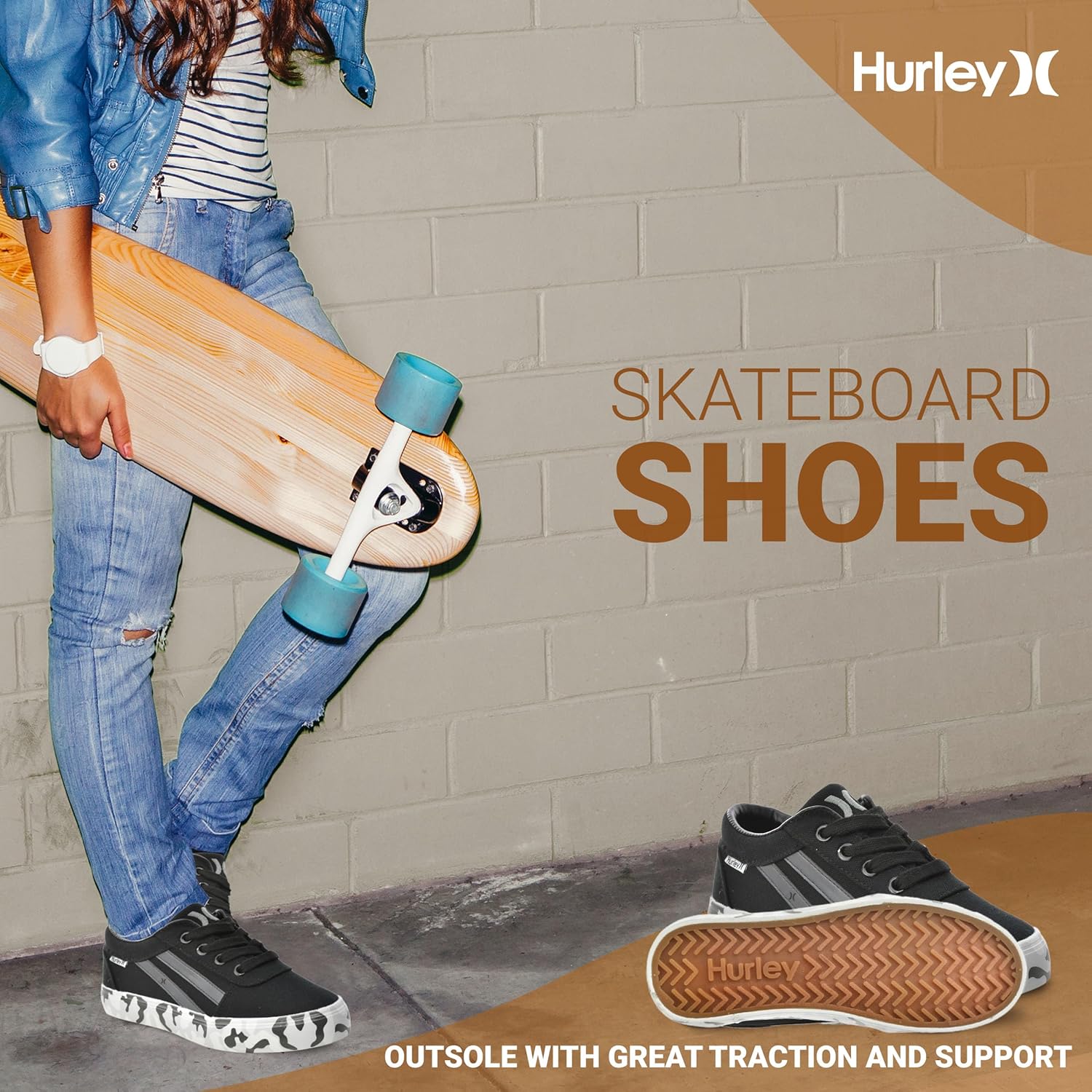 Кеды Hurley Boardy Kids с шнуровкой - низкие кроссовки для скейтборда для детей, спортивная обувь для мальчиков и девочек, черный — фото 4