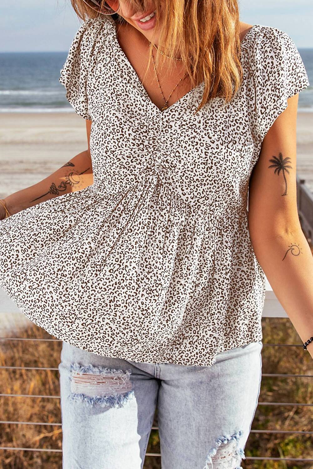 

Коричневый топ-бэбидолл с леопардовым принтом и рукавами-фонариками Shiying Fashion