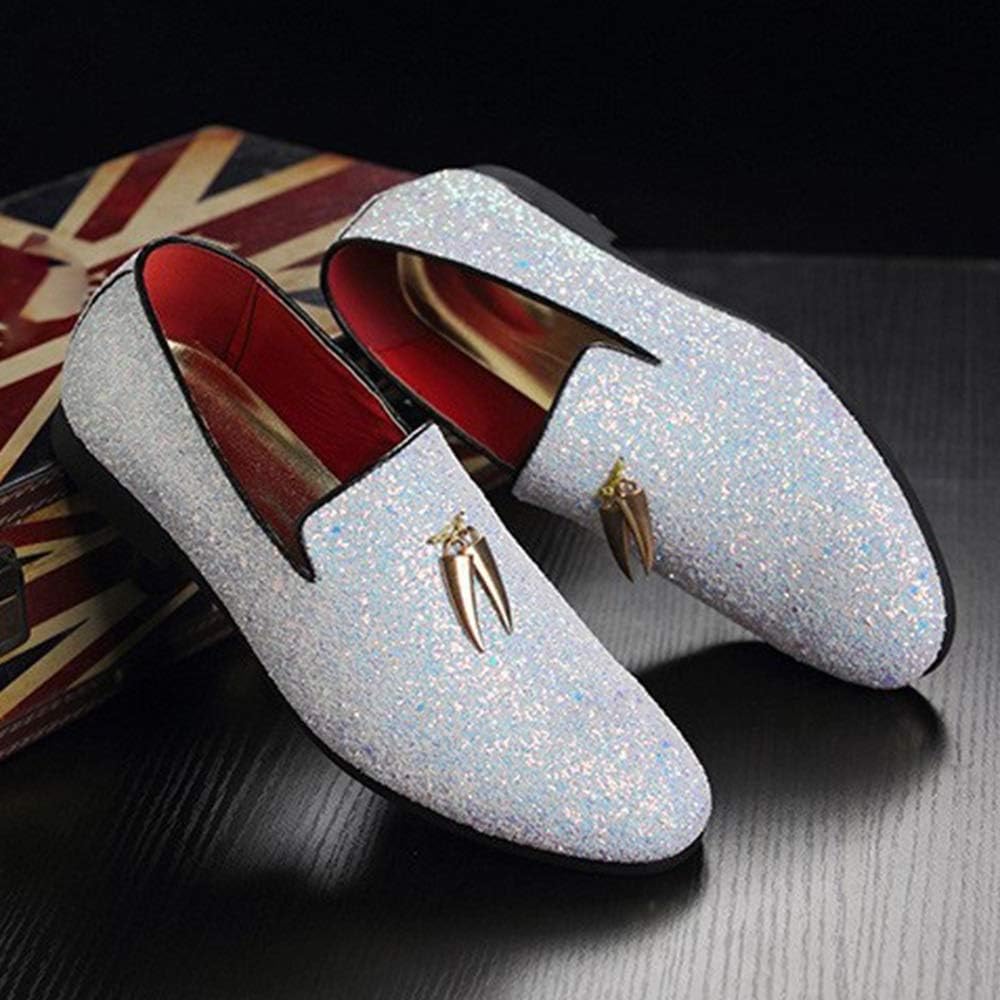 Battle Men Driving Loafers for Men Gommino Slip on Style PU Leather Upper Luxury Glitter Pointed Toe Metal Tassels Lightweight Anti Slip Casual, белый — фото 2