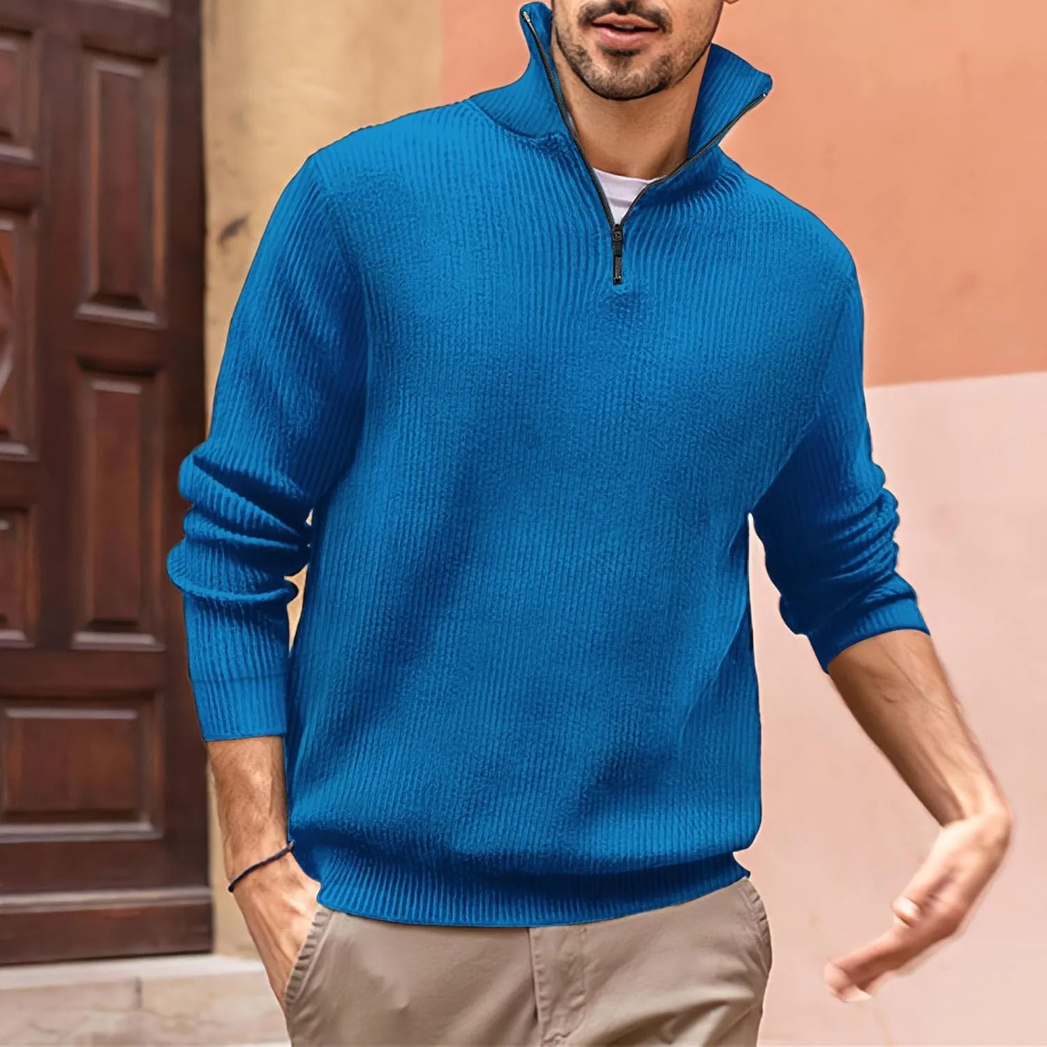 Свитер для мужчин Slim Fit с воротником-поло и 1/4 молнией — фото 4