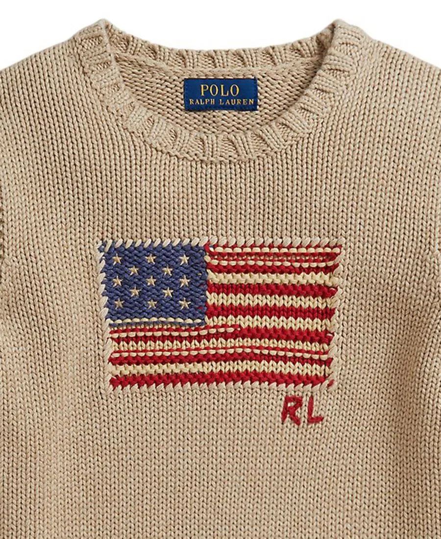 Детский свитер с контрастной отделкой и изображением флага (2-7 лет) Polo Ralph Lauren, бежевый — фото 3