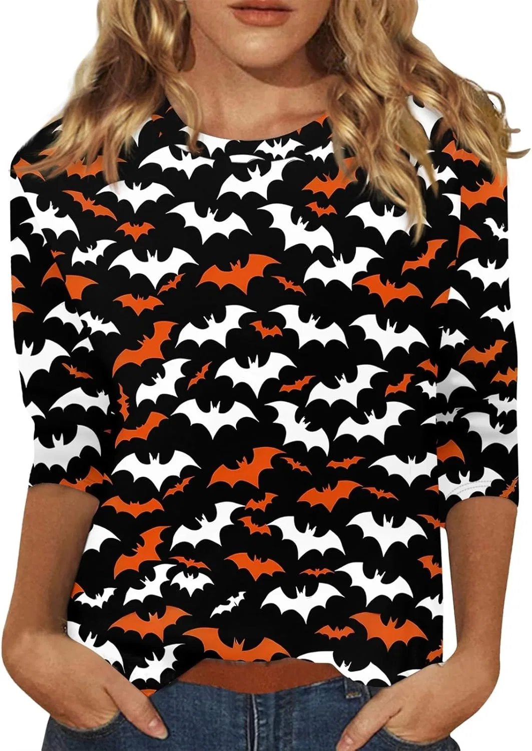 Футболка с принтом Halloween, 3/4 рукав, свободный крой, 2-black