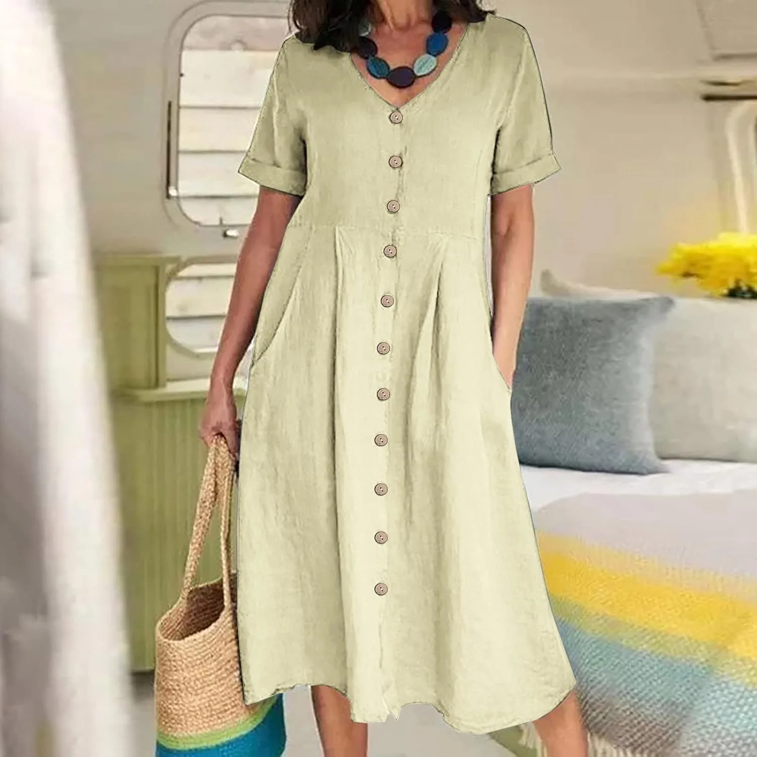 Платье Plus Size из хлопка и льна с коротким рукавом и карманами для летнего отдыха на пляже Generic, бежевый — фото 2