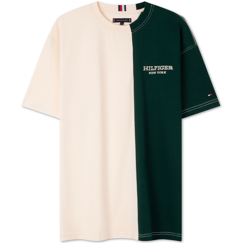 

Футболка мужская с розовой и зеленой строчкой Tommy Hilfiger, бежево-бело-зеленая панель A EF