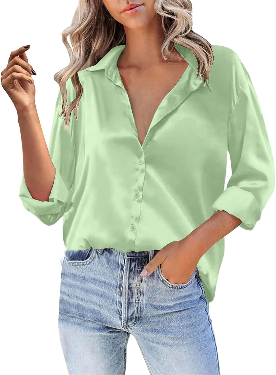 Блуза сатиновая, женская, Button-Down Shirt, GN2