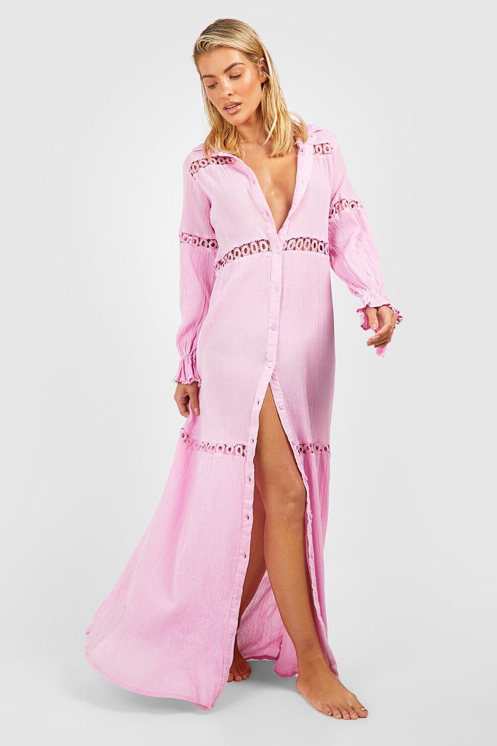 

Пляжное платье макси из кружева с кисточками из марлевой ткани boohoo, розовый