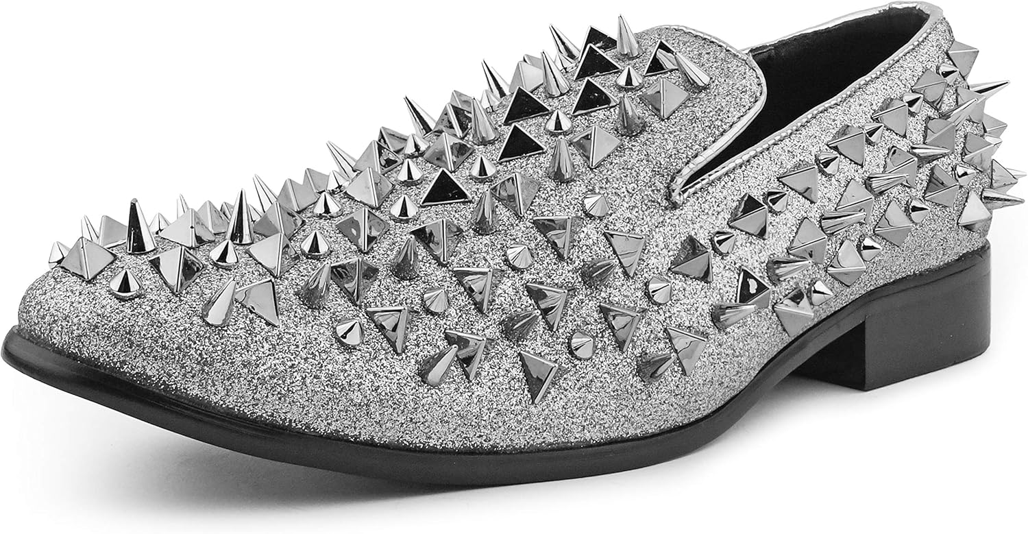 

Bolano x Amali Mesa - Мужская дизайнерская обувь, удобные мужские тапочки - Модная обувь - Блестящие и металлические тапочки-слипоны с подходящими шипами, серебряный