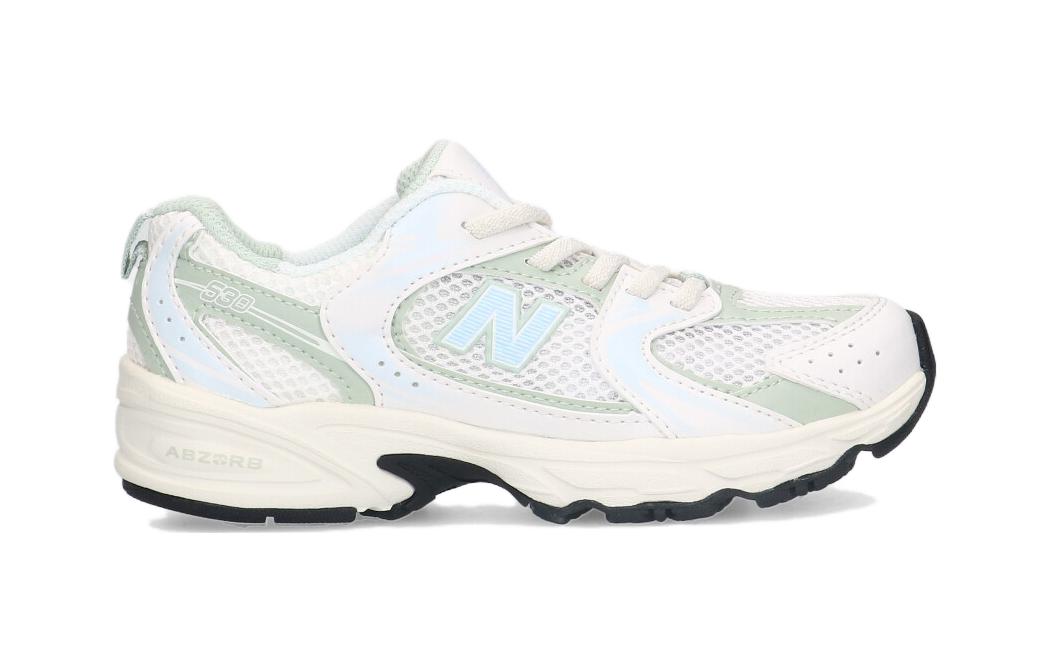 Низкие детские беговые кроссовки New Balance 530 устойчивые к истиранию бело-зеленые — фото 2