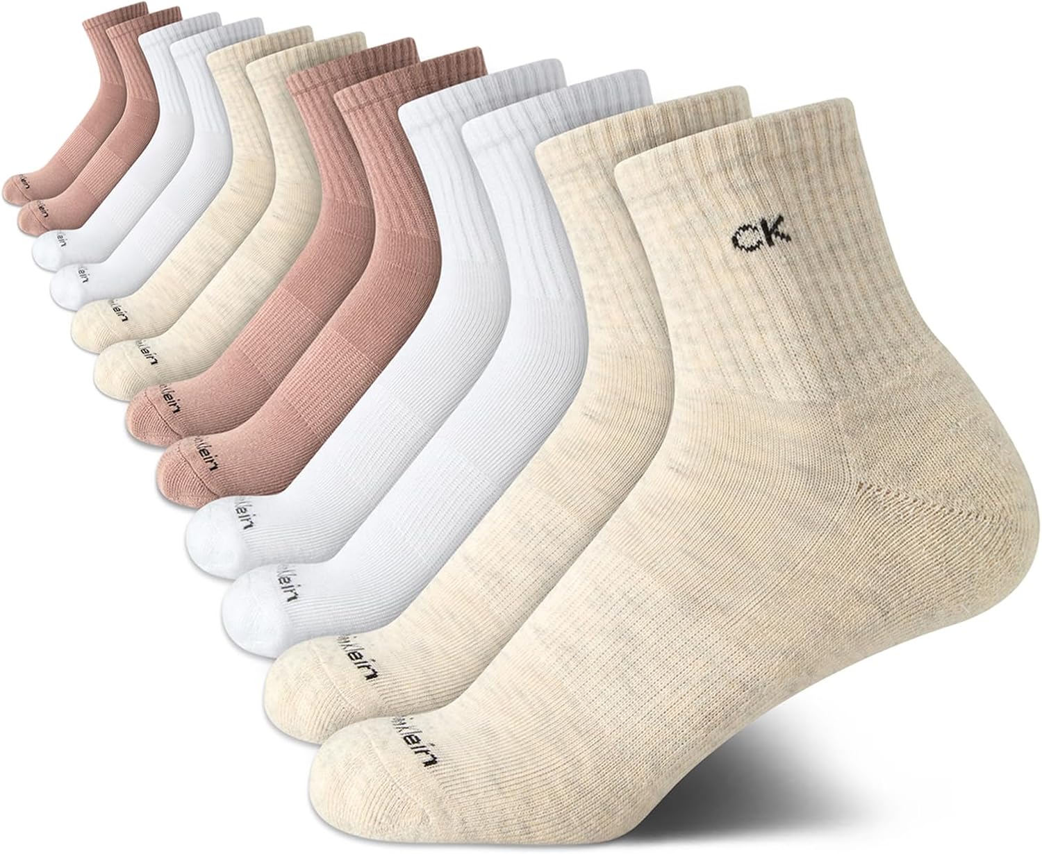 

Женские носки Calvin Klein High Quarter - 12 пар махровых дышащих спортивных носков с мягкой подкладкой для женщин (размер обуви: 4-10), Beige Assorted