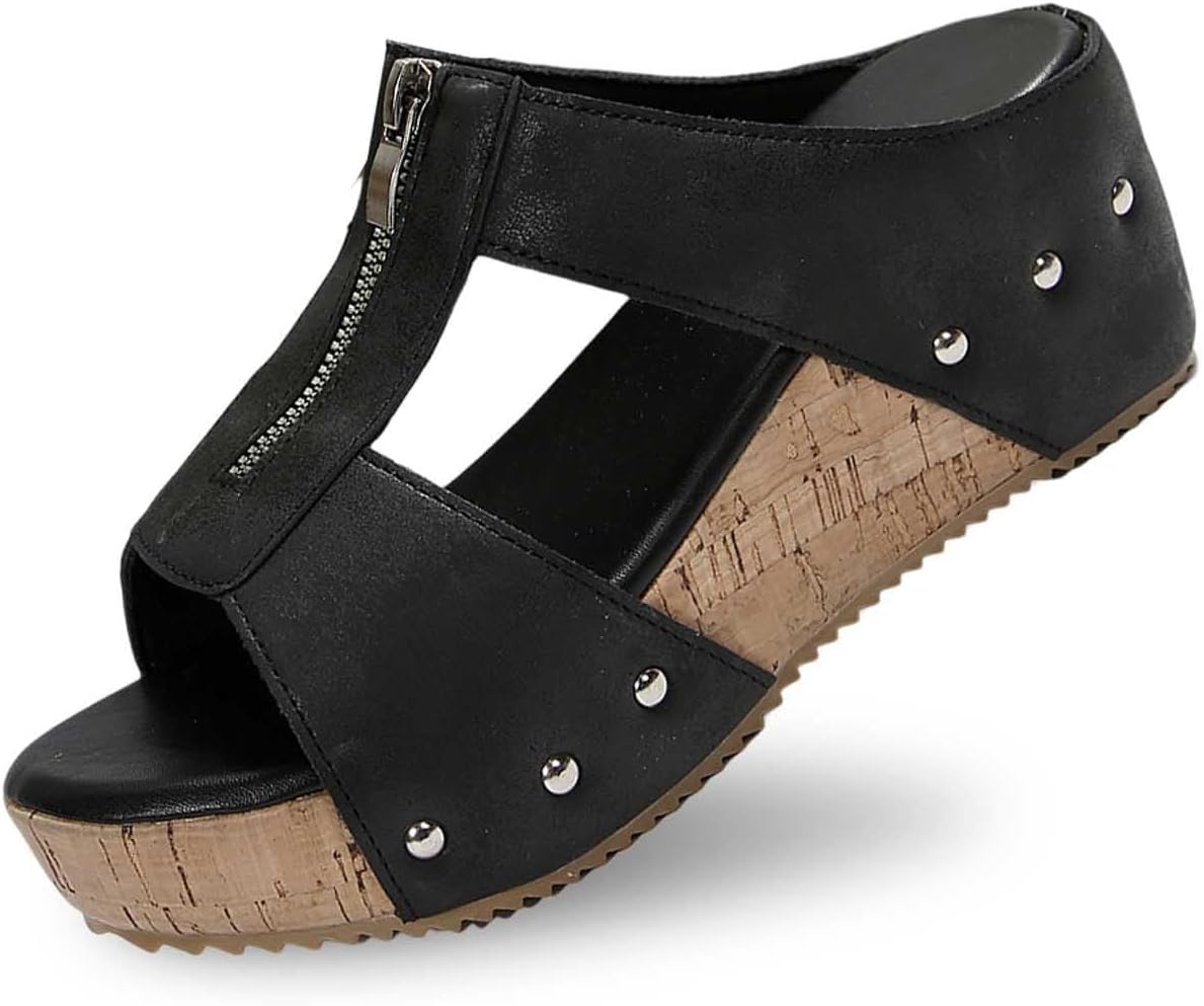 

Женские платформенные босоножки сандалии, дышащие, летние, ортопедические, кожаные платформенные босоножки на танкетке с молнией, поддержкой свода стопы, пляжные шлепанцы, нарядные летние шлепанцы на весь день Zwrxw, черный