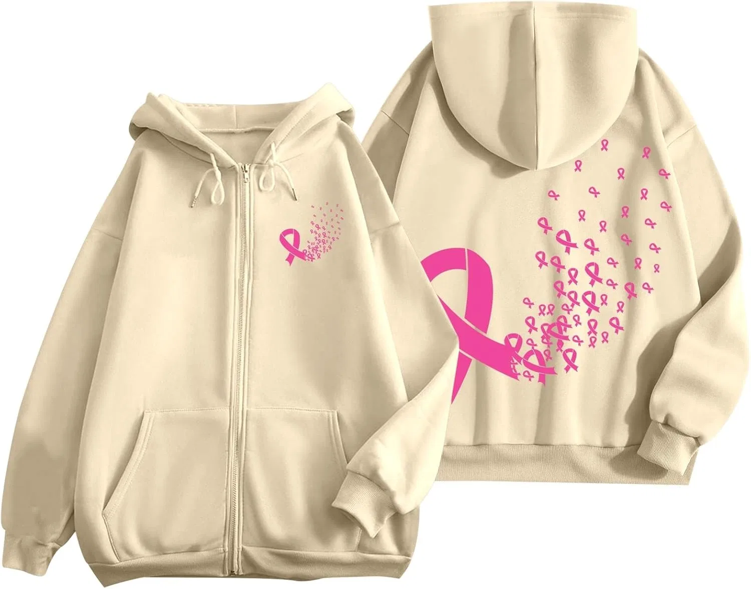 Женская худи с карманом, Pink Ribbon, осведомленность о раке груди, Beige
