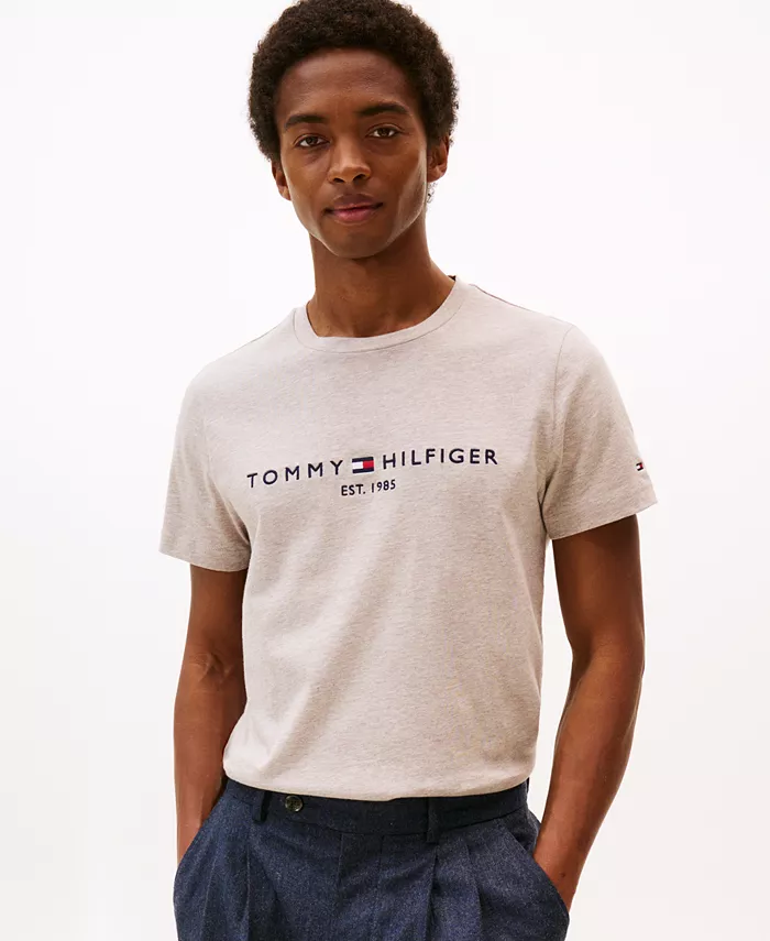 

Мужская облегающая футболка с вышитым логотипом и круглым вырезом Tommy Hilfiger, коричневый