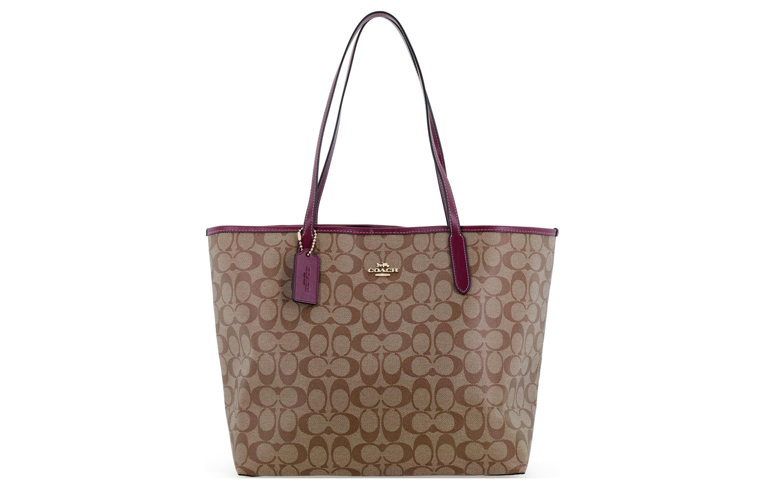 

COACH Сумка-тоут из искусственной кожи, большая, через плечо, женская, цвет хаки, насыщенный ягодно-красный