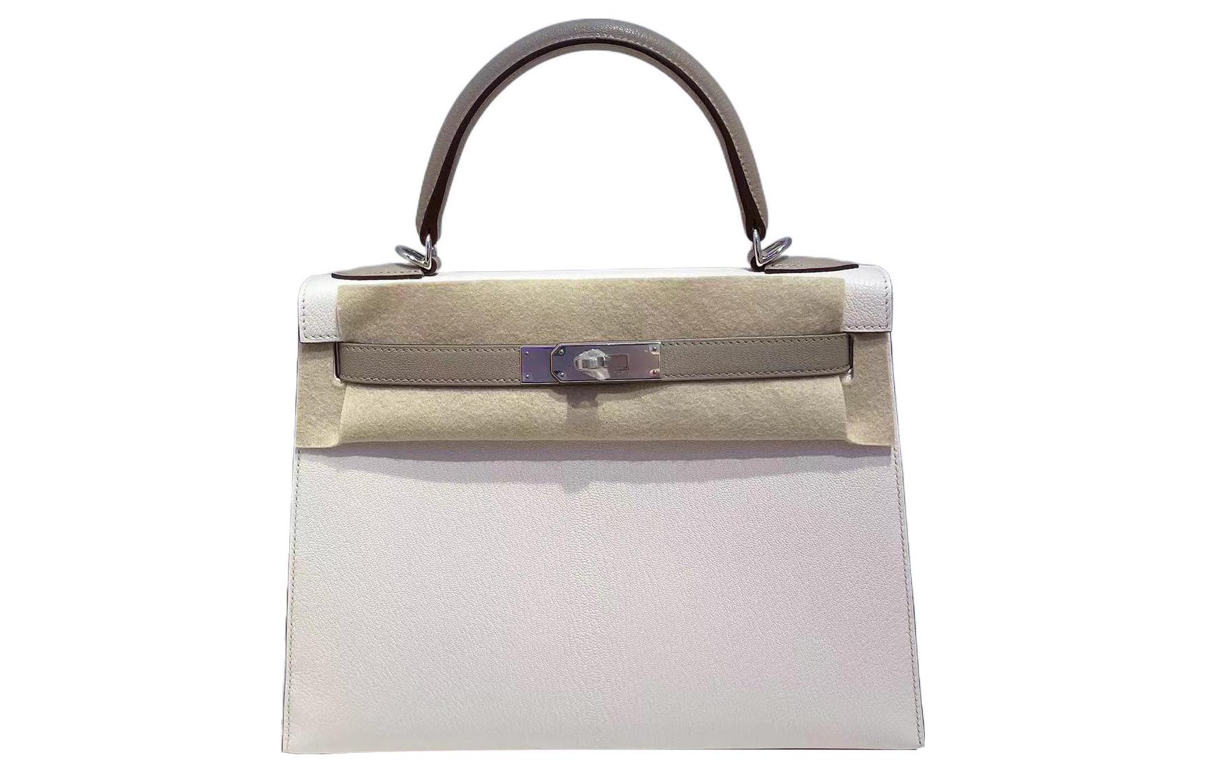 

HERMES Мини келли 2 поколения chevre из овечьей кожи с плетеной ручкой сумка женская white gray