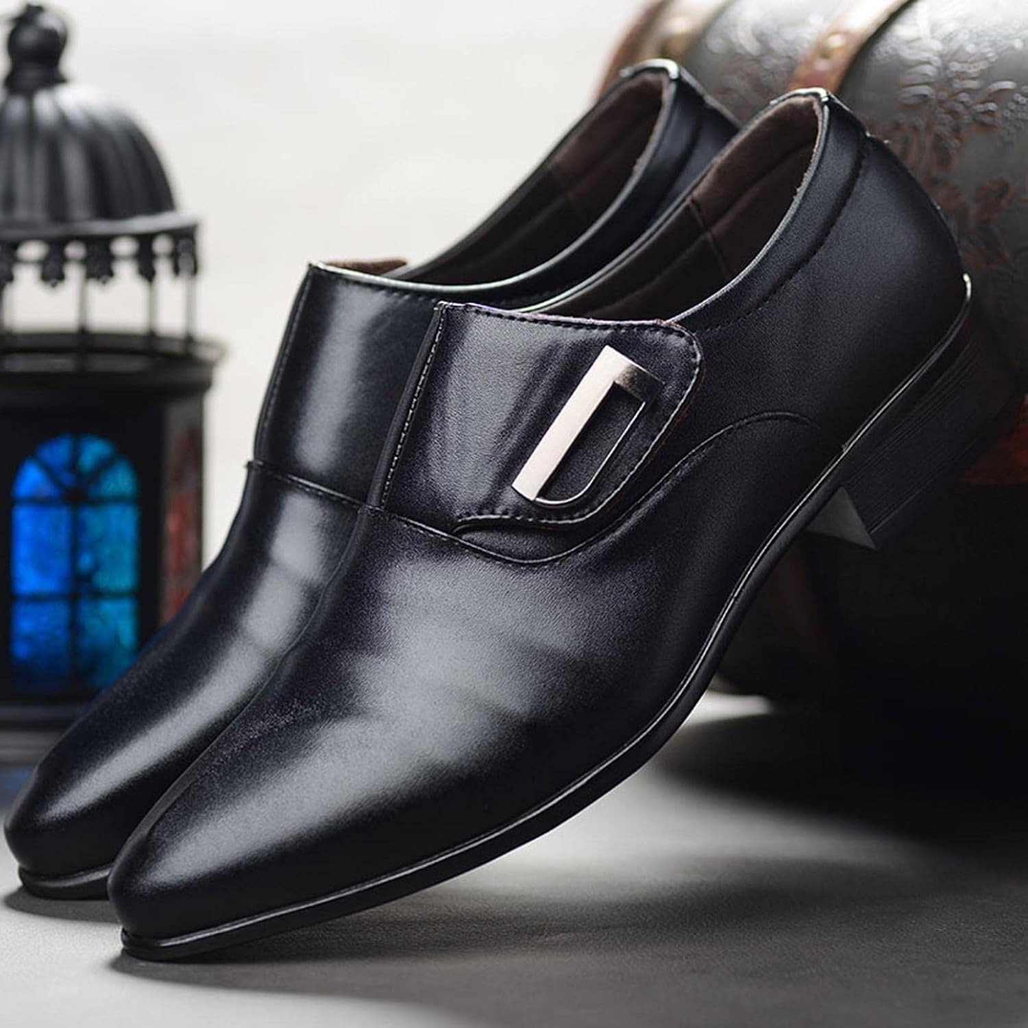 Мужские туфли Hbeylia Dressy Oxford, модные повседневные, простой стиль, кожаные, с заостренным носком, ботильоны до щиколотки, на подкладке, с пряжкой, формальные, для офиса, зимние и осенние, с крыльями, для свадеб и работы, черный — фото 2