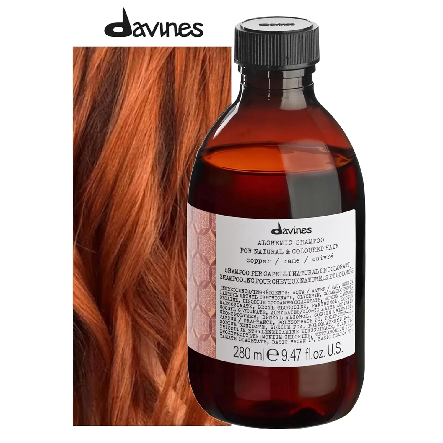 Davines Alchemic шампунь, усилитель цвета для натуральных и окрашенных волос - безопасная формула с чистыми пигментами для осветления, усиления и защиты 6 ярких оттенков, Copper — фото 2