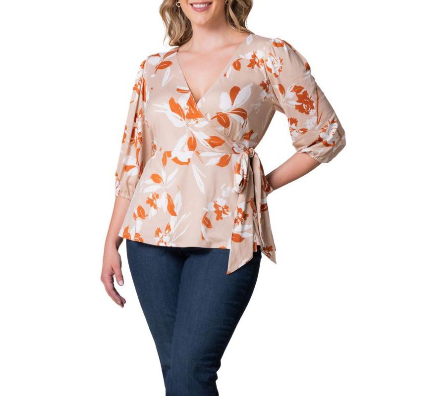 

Женский топ с V-образным вырезом и запахом Nina больших размеров Kiyonna, Artful sunset blooms