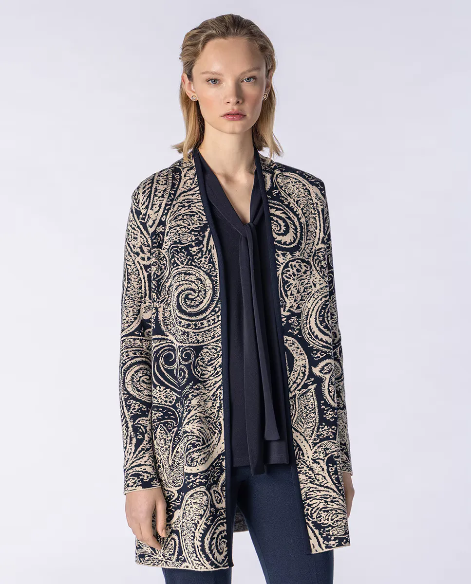 

Женский жаккардовый вязаный кардиган цвета пейсли, открытый, с длинными рукавами Naulover, темно-синий