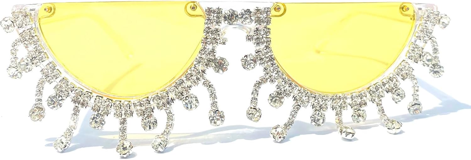 

Красочные солнцезащитные очки в форме полумесяца с бриллиантами для женщин, «кошачий глаз», украшенные стразами, идеально подойдут для вечеринок mincl, Diamond Tassel&yellow