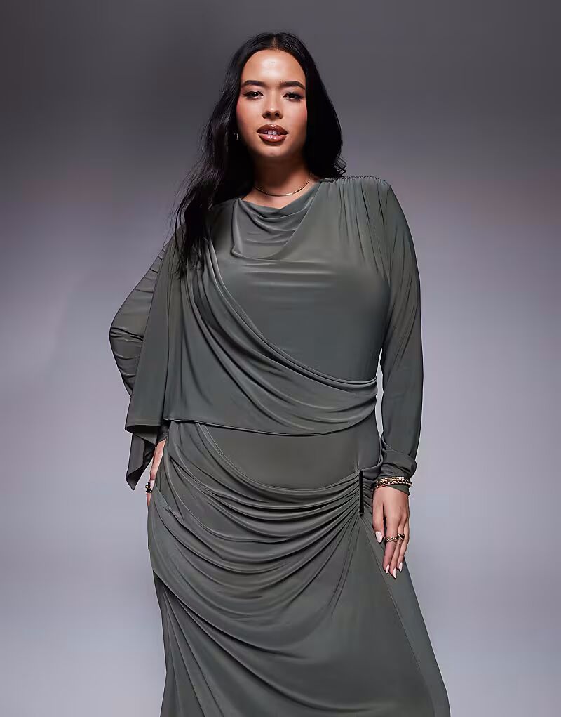 

Платье макси ASOS DESIGN Curve с длинными рукавами, драпировкой, юбкой-шортами и отделкой цвета хаки ASOS Curve