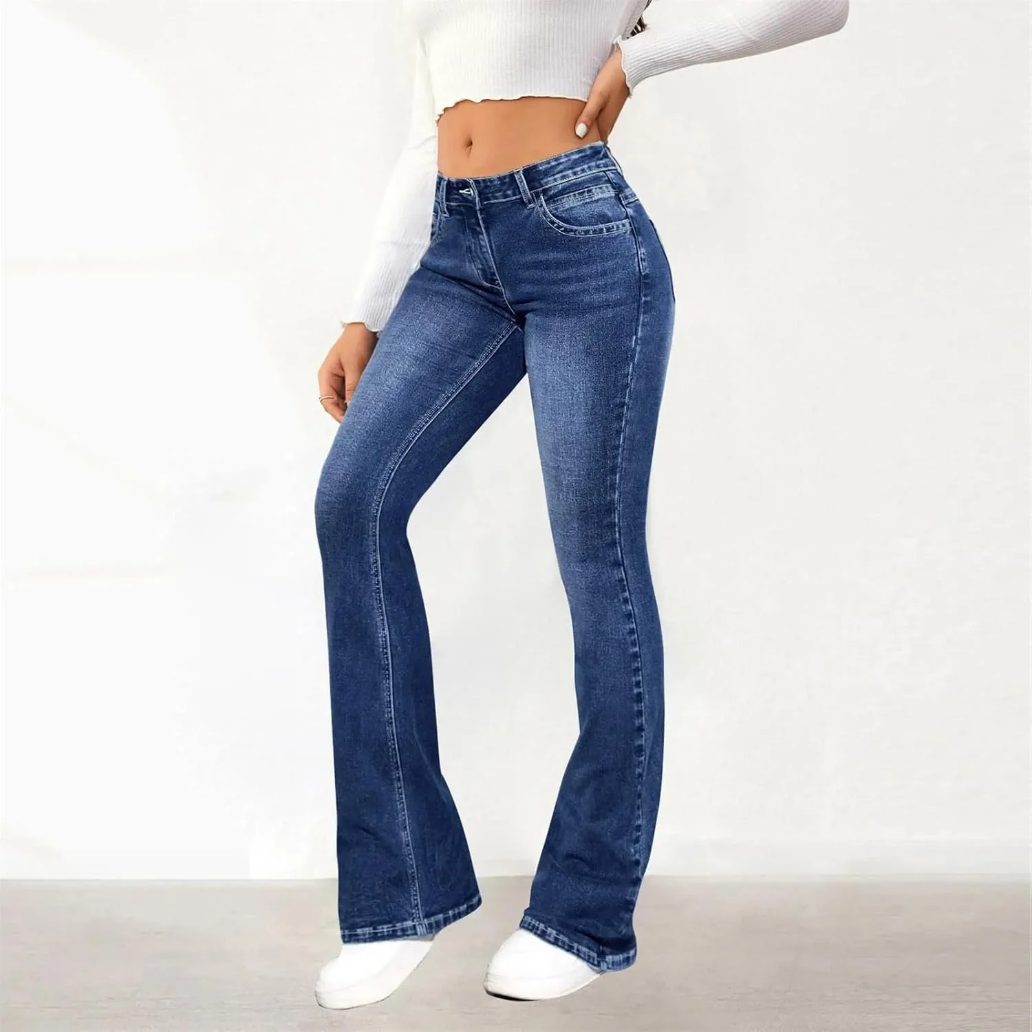 Женские джинсы slim fit расклешенные с высокой посадкой однотонные укороченные брюки boot cut в стиле стритвир Generic, синий — фото 3