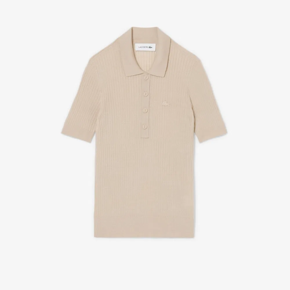 Рубашка-поло Lacoste из мериносовой шерсти, бежевая — фото 4