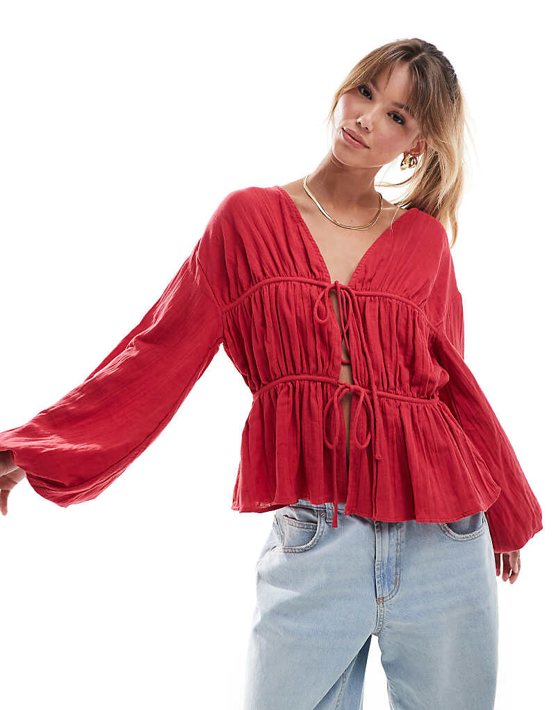 

ASOS DESIGN – Темно-красный топ с длинными рукавами и завязками